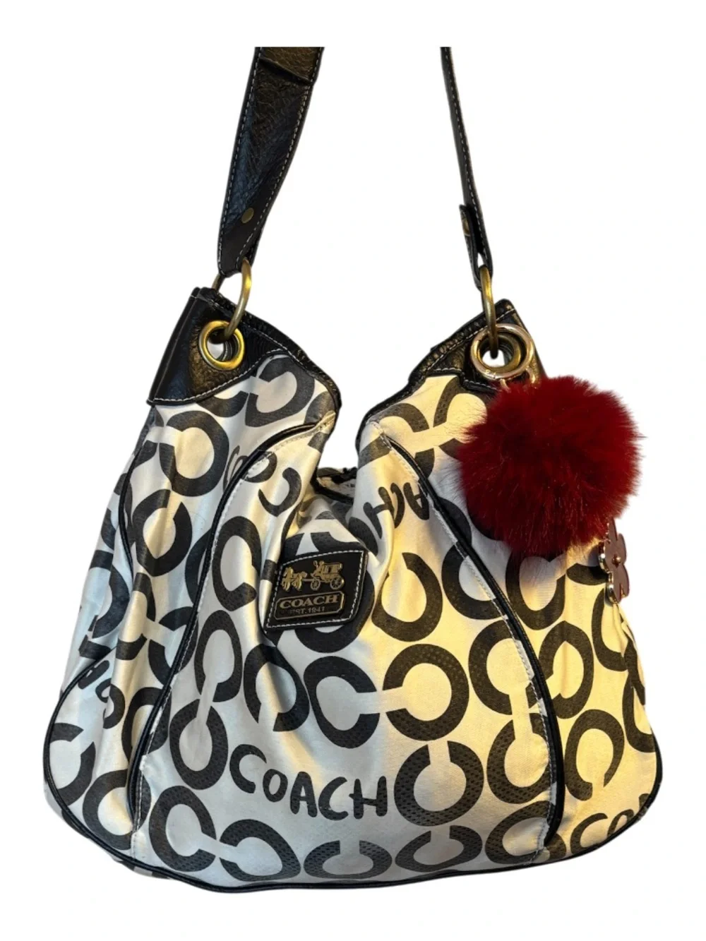 Vintage Coach White & Black Signature Canvas Hobo with monogramed lining